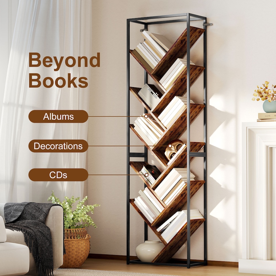 image 1 of HOMCOM 10 Tier Tree Bookshelf Industrial Tall Bookcase Rustic Brown Black