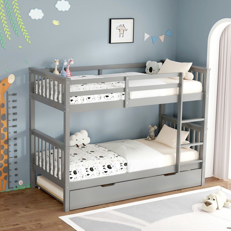 image 1 of Oliver Grey Single Wooden Bunk Bed with Trundle