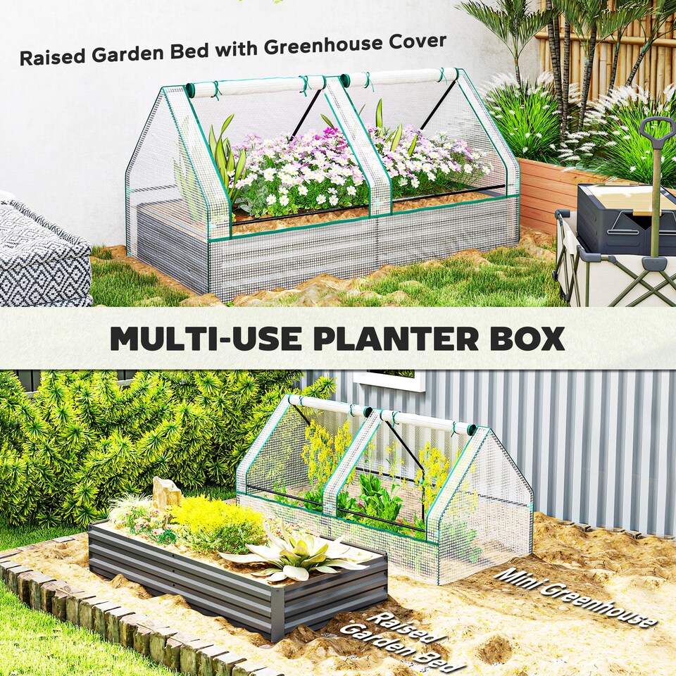 image 1 of Outsunny Raised Garden Bed Planter Box with Greenhouse, White and Dark Grey