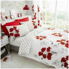 VELVETIO Poppy Flower Duvet Cover Set Reversible Polycotton Easy Care Beddings Red | King