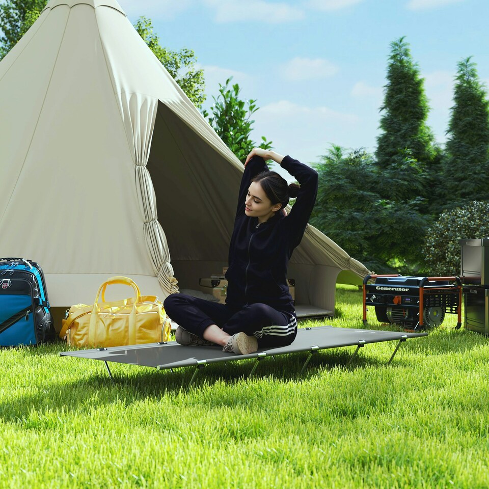 image 1 of Outsunny Lightweight Camping Cot Portable Compact Sleeping Bed w/ Carry Bag Grey | Dark Grey