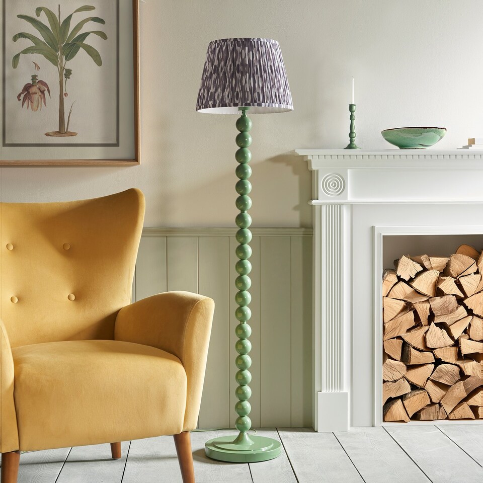 image 1 of Higgledy Gloss Cotswold Green Paint Floor Lamp with Pearl Grey Fabric Ikat Shade 35cm E27