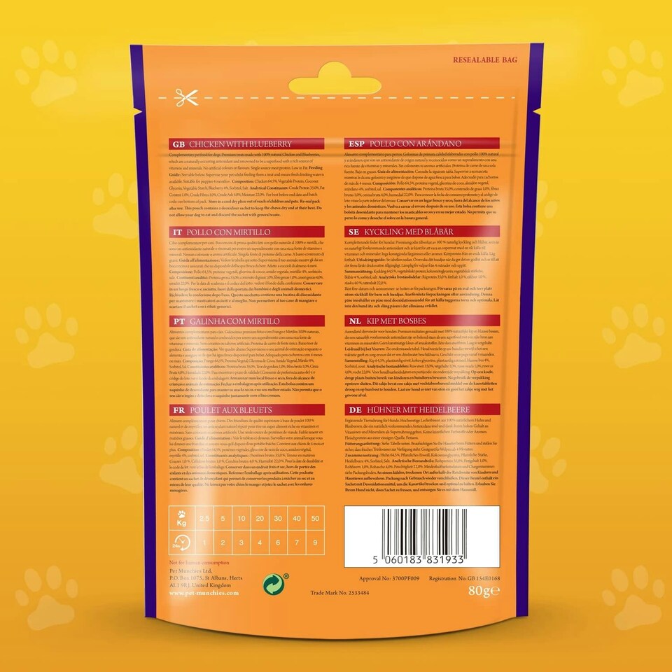 image 1 of Pet Munchies Chicken with Blueberry Sticks Dog Treats, Healthy Grain Free Dog Chews with Natural Real Meat, Low in Fat and High in Protein 80g (Pack of 8)