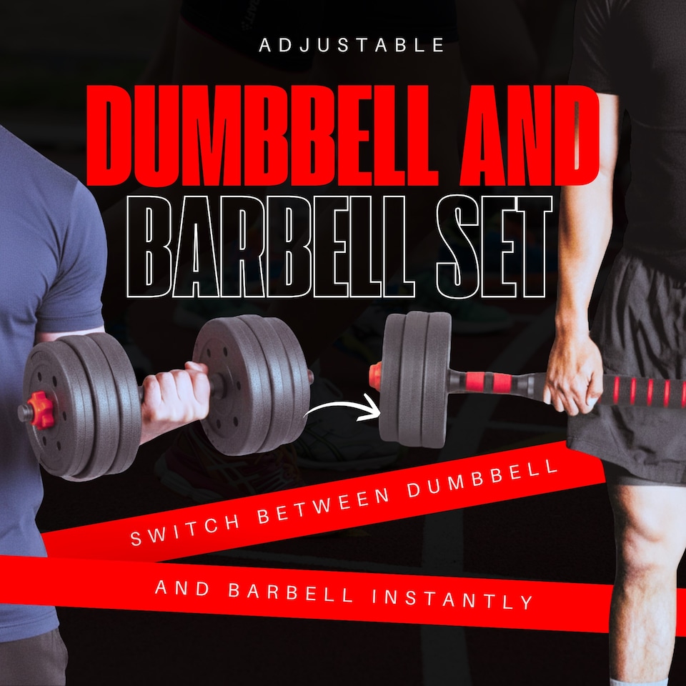 image 1 of Straame 20KG Adjustable Dumbbell & Barbell Weight Set with Foam-Padded Connector. Free Weights for Home Gym, Strength Training, Non-Slip TPR Grips, PE Shell Plates, Compact Storage