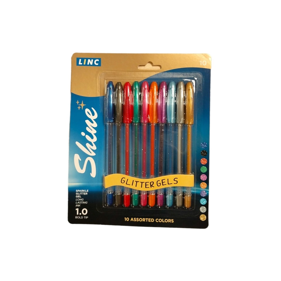 Pack of 10 Premium Linc Shine Assorted Colours Glitter Gel Pens