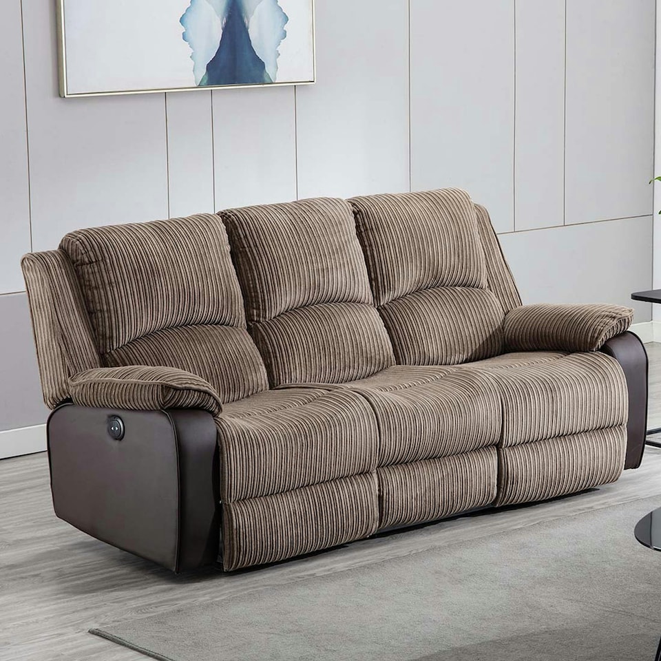 image 1 of Postana 3 Seater Electric High Back Jumbo Cord Fabric Recliner Sofa (Brown)
