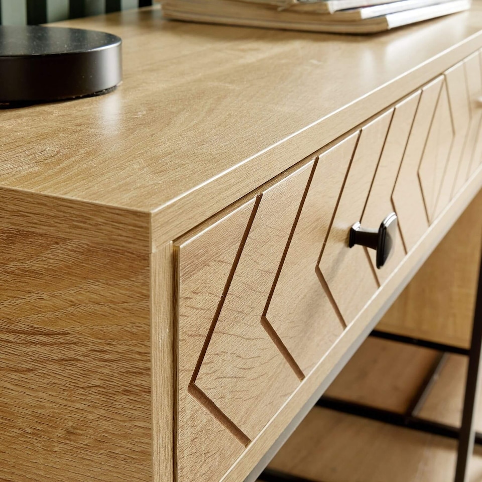 image 1 of Console Table 2 Drawers Aztec Design Oak Effect Metal Legs Hallway Storage Unit