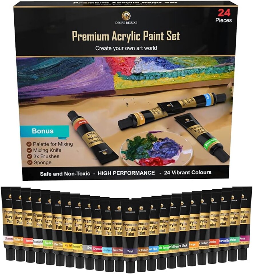 image 1 of Desire Deluxe Acrylic Paint Set School Art Supplies for Artist – 30pc Craft Kit for Rock, Wood, Ceramic, Canvas, Paper & Fabric – Include Mixing Knife, Sponge, Palette and 3 Sizes Premium Brushes