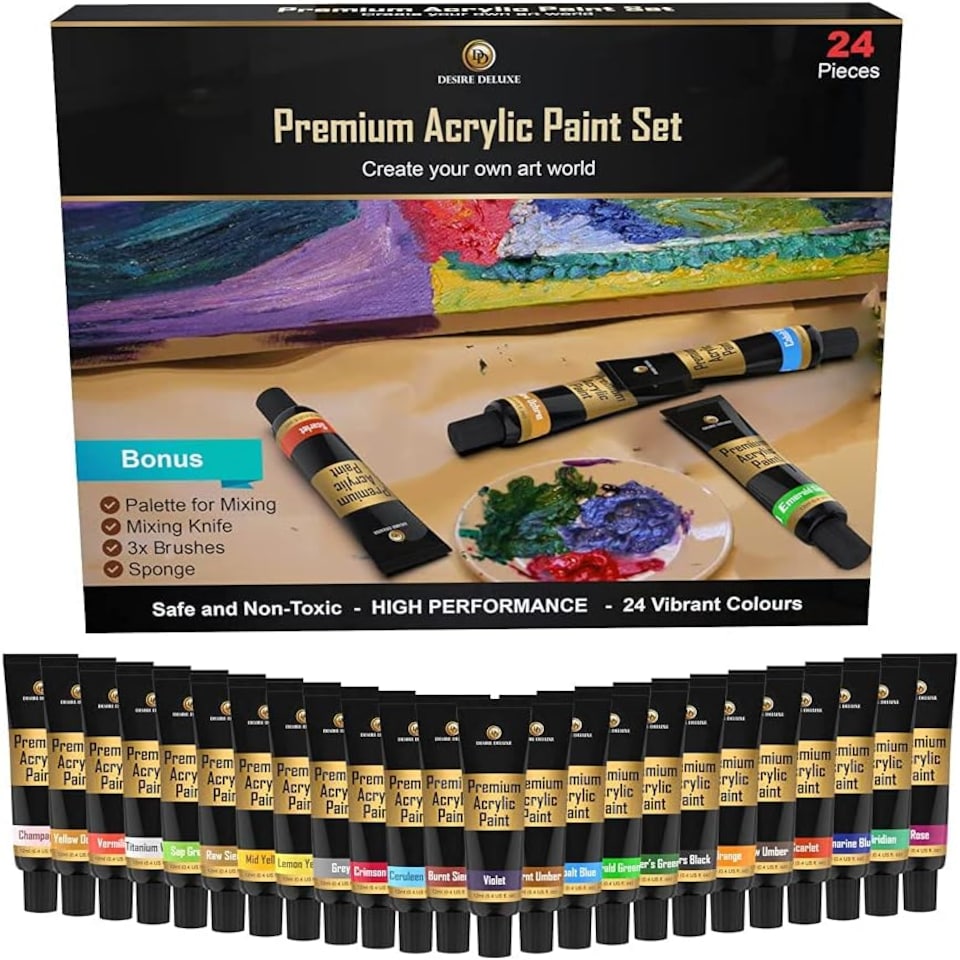 image 1 of Desire Deluxe Acrylic Paint Set School Art Supplies for Artist – 30pc Craft Kit for Rock, Wood, Ceramic, Canvas, Paper & Fabric – Include Mixing Knife, Sponge, Palette and 3 Sizes Premium Brushes