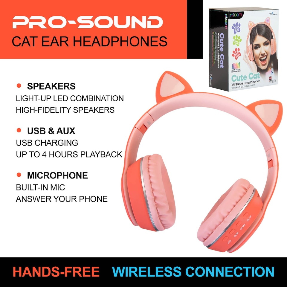 image 1 of VFM e-Store Cat Wireless Headphones Pastel Cat Ears - Foldable, Padded, Rechargeable 400 mAh