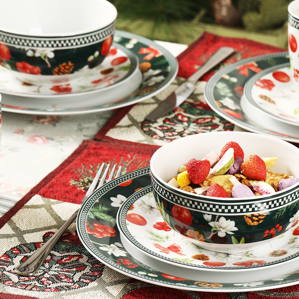 image 1 of simpa 18PC Christmas Flora Orchard Ceramic Dinner Set.