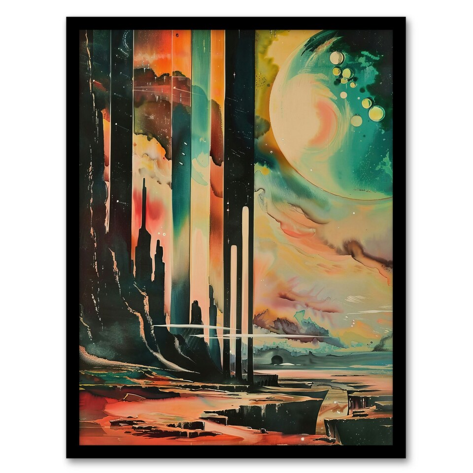 image 1 of Retro Sci-Fi Cliff By Moon Galaxy Fantasy Black Framed Wall Art Print A4