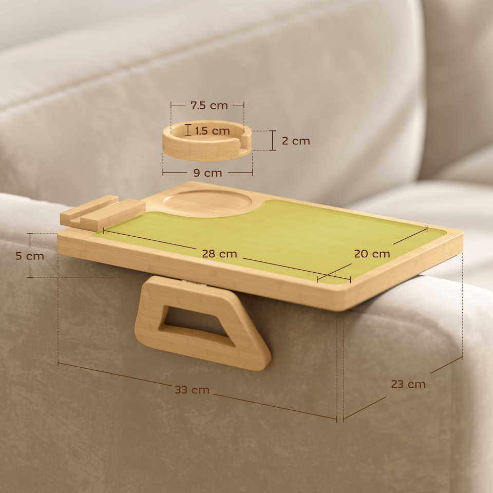 image 1 of HOMCOM Anti-Slip Sofa Armrest Tray with Phone and Cup Holder, Natural