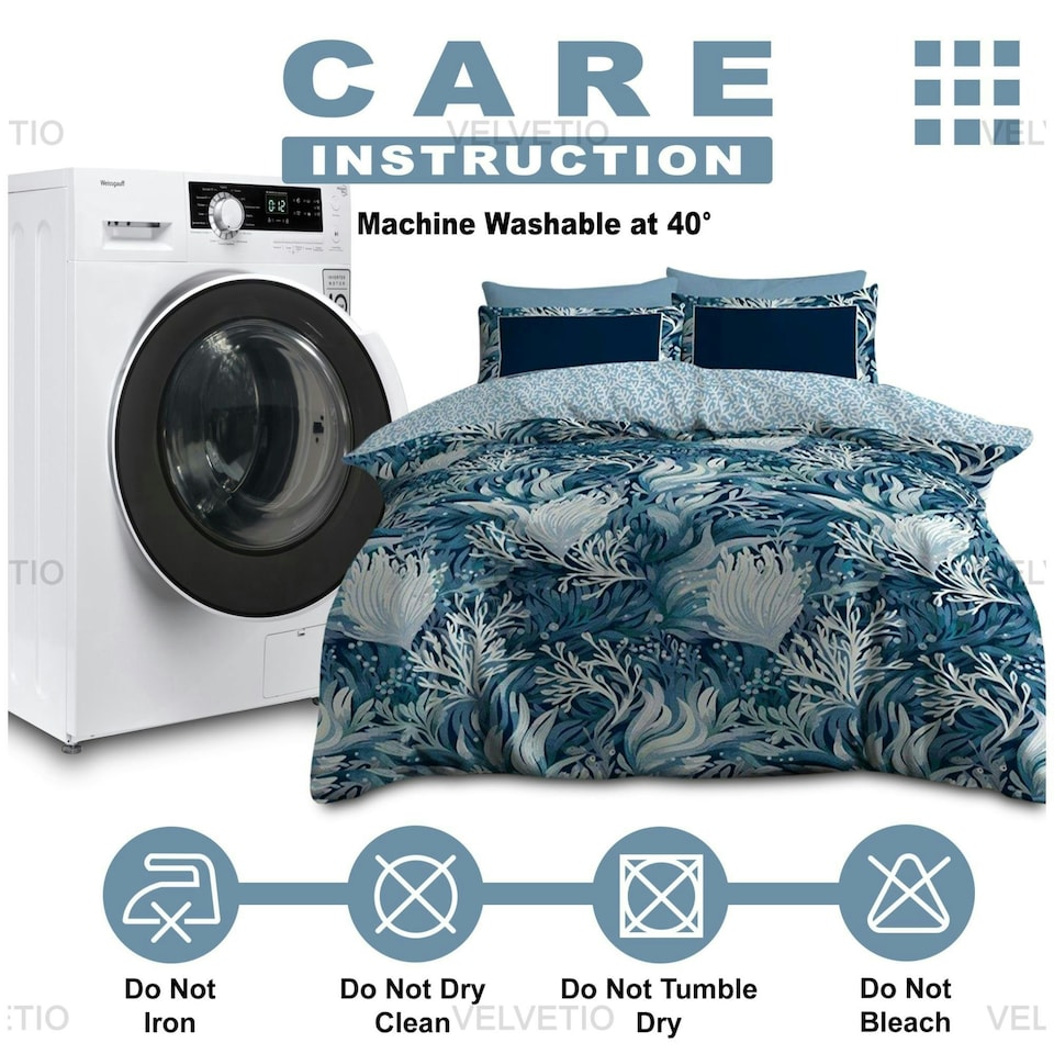 image 1 of VELVETIO Melia Complete Duvet Cover Set with Fitted Sheet Printed Bedding Quilt Blue | King
