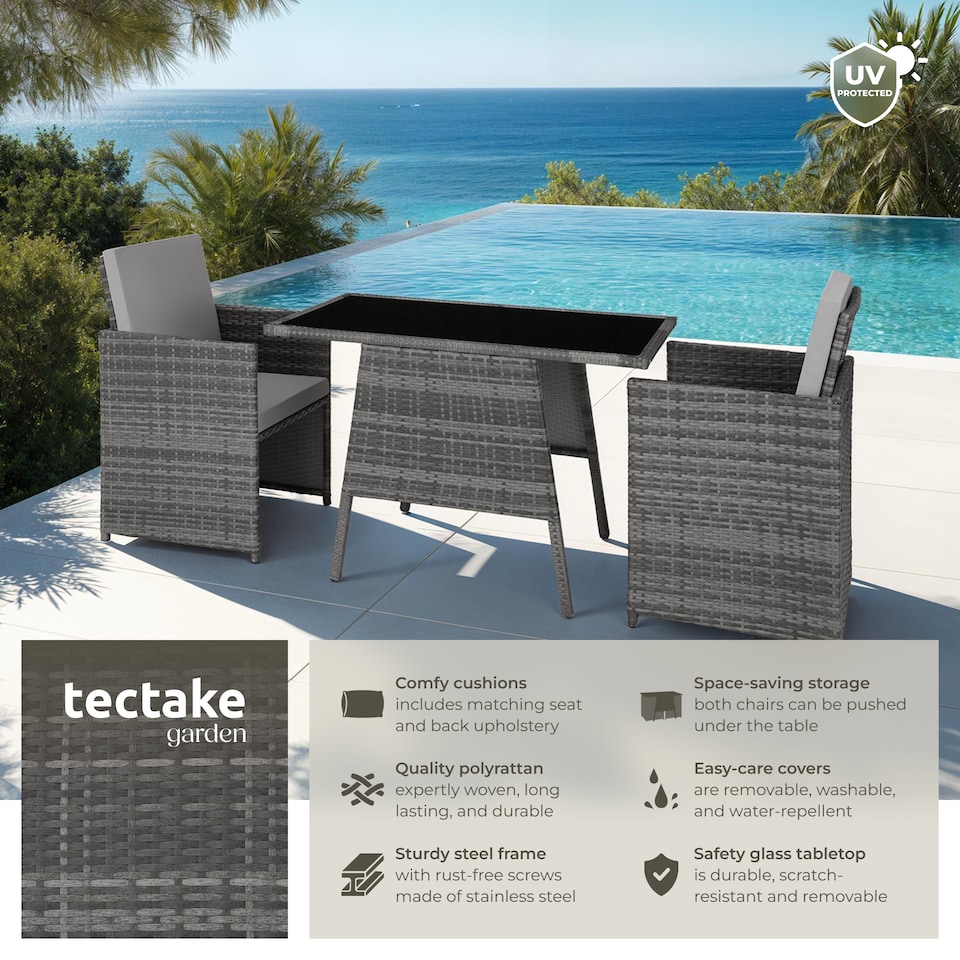 image 1 of Garden Furniture Set Lausanne - 2 chairs, 1 table, bistro set, weather resistant | Grey | grey | 52,50 x 56 x 88 cm | 1