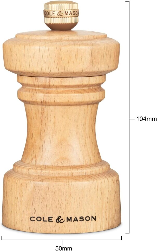 image 1 of Cole & Mason H233052 Hoxton Natural Beech Pepper Mill, Compact Pepper Grinder with Adjustable Grind, 104mm Seasoning Mill, Lifetime Mechanism Guarantee