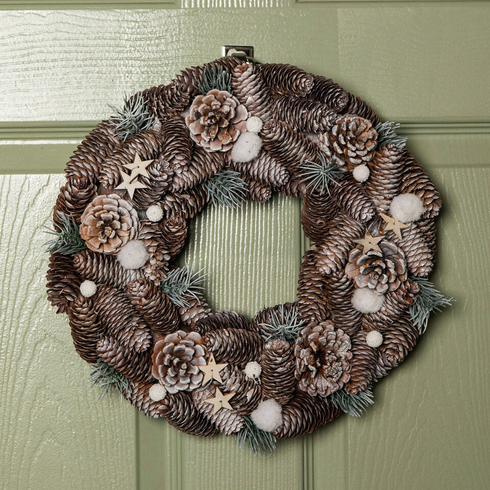 image 1 of 36cm Frosted Hanging Christmas Wreath with Pine Cones & Wooden Stars