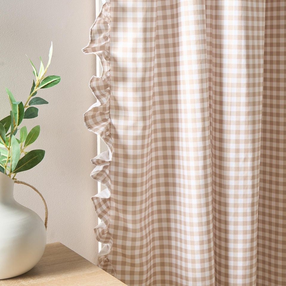 image 1 of OHS Gingham Frill Voile Net Curtain Pair Window Panels Slot Top Set | Brown | Natural | One Size