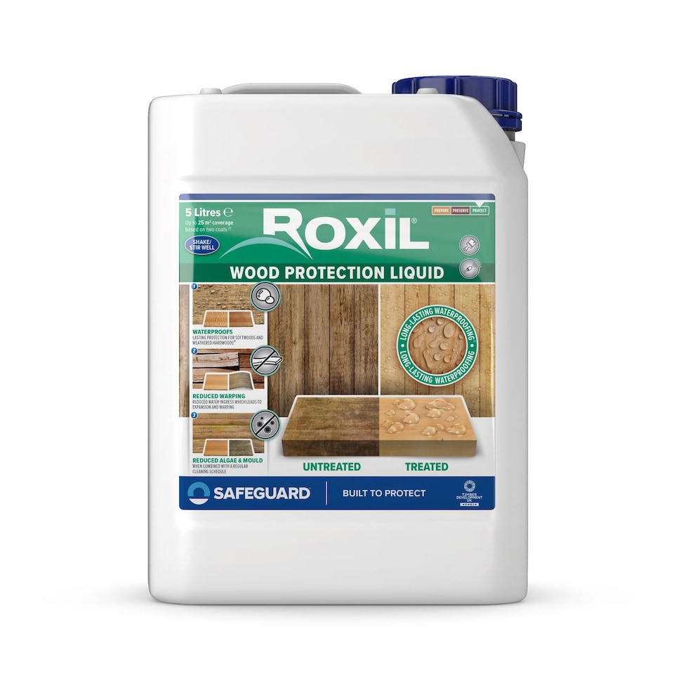 image 1 of Roxil Wood Waterproofing Liquid (5L Clear) Wood Preserver Outdoor, Wood Sealer for Decking, Fence, Sheds and Furniture