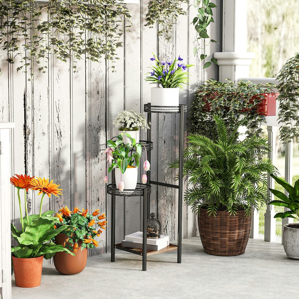 image 1 of Outsunny 4 Tiered Plant Pot Stand, Metal Plant Shelf for Living Room Black
