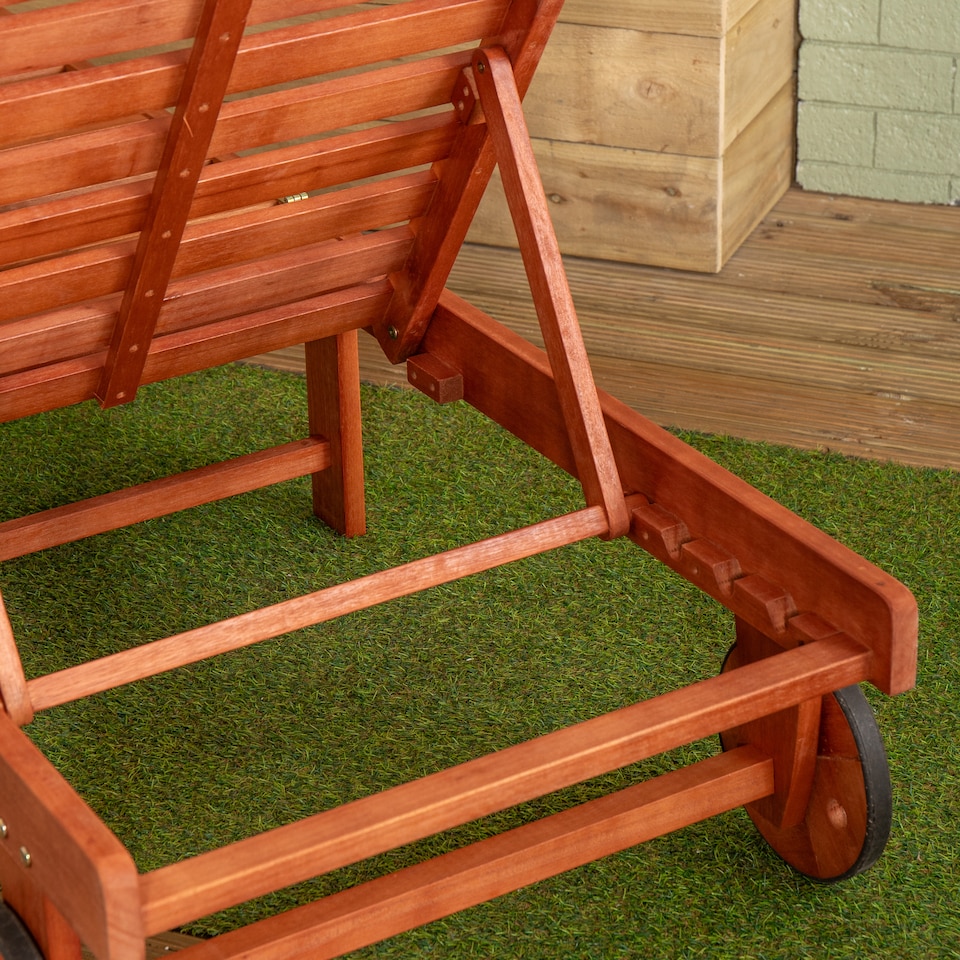 image 1 of 1.9m x 0.6m Outdoor Wooden Adjustable Foldable Sunlounger with Wheels | Brown | Brown
