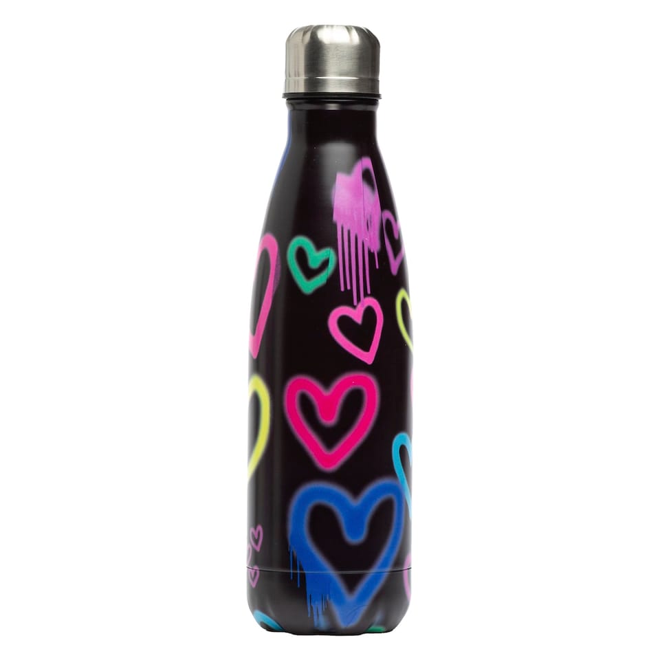 image 1 of Black Graffiti Heart Metal Water Bottle | Screw Top Reusable Leak Resistant | Black | Black | One Size | 1