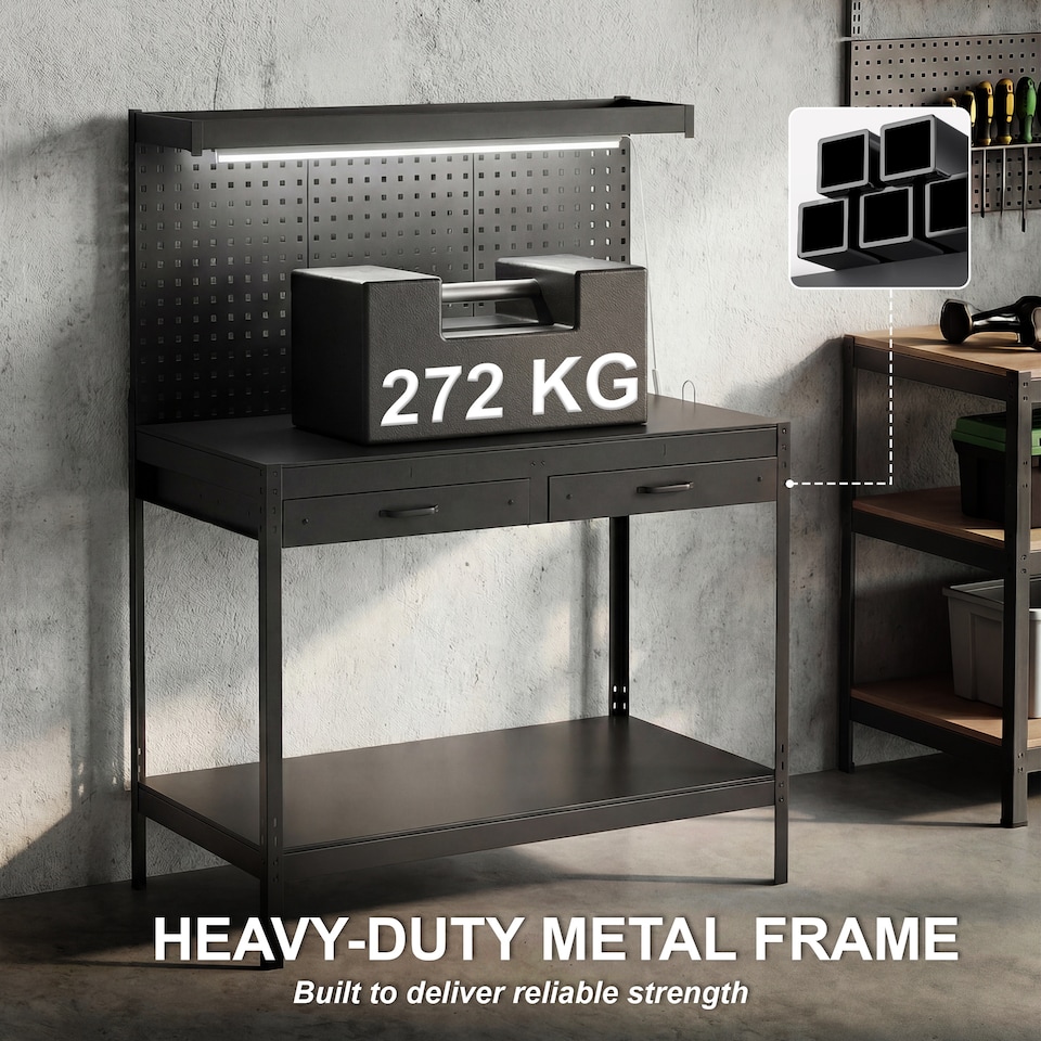 image 1 of HOMCOM 110 cm Workbench with Pegboard and LED Light, 272 kg Load Capacity | Black | Black | 110L x 60W x 150H cm