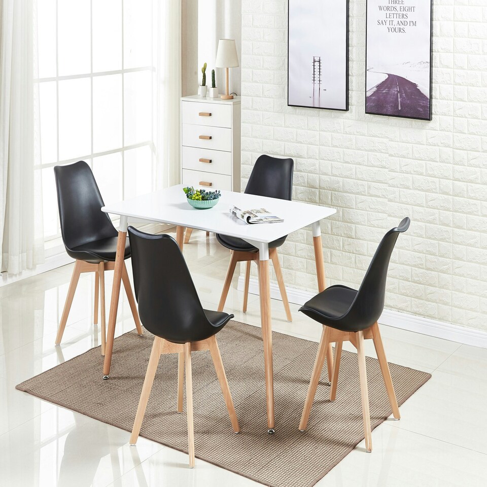 image 1 of Set of 4 Scandinavian Dining Chairs with Leather Cushions Solid Wood Legs Black