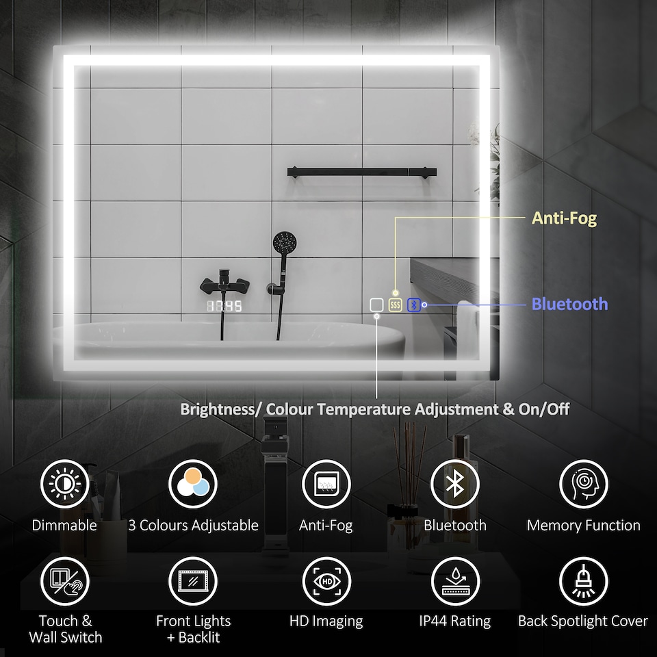 image 1 of HOMCOM 600 x 800 mm Bluetooth LED Bathroom Mirror, Illuminated Backlit Vanity Mirror with 3 Colours Dimmable, Clock, Anti-Fog, Memory Function, Touch Sensor, IP44 | Silver