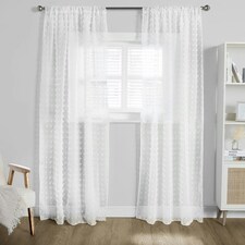 OHS Pompom Tufted Textured Slot Top Sheer Net 2 Panel Voile Curtains, 55x87" - White