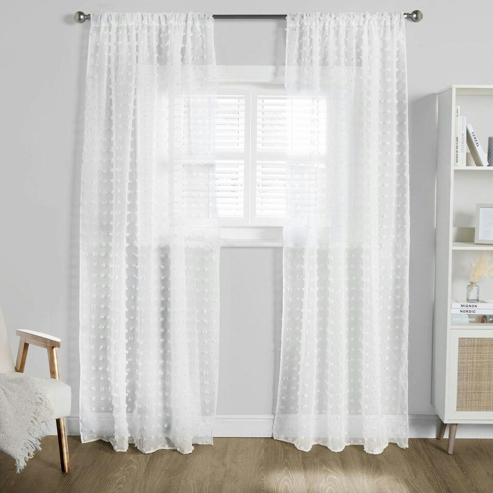 image 1 of OHS Pompom Tufted Textured Slot Top Sheer Net 2 Panel Voile Curtains, 55x87" - White