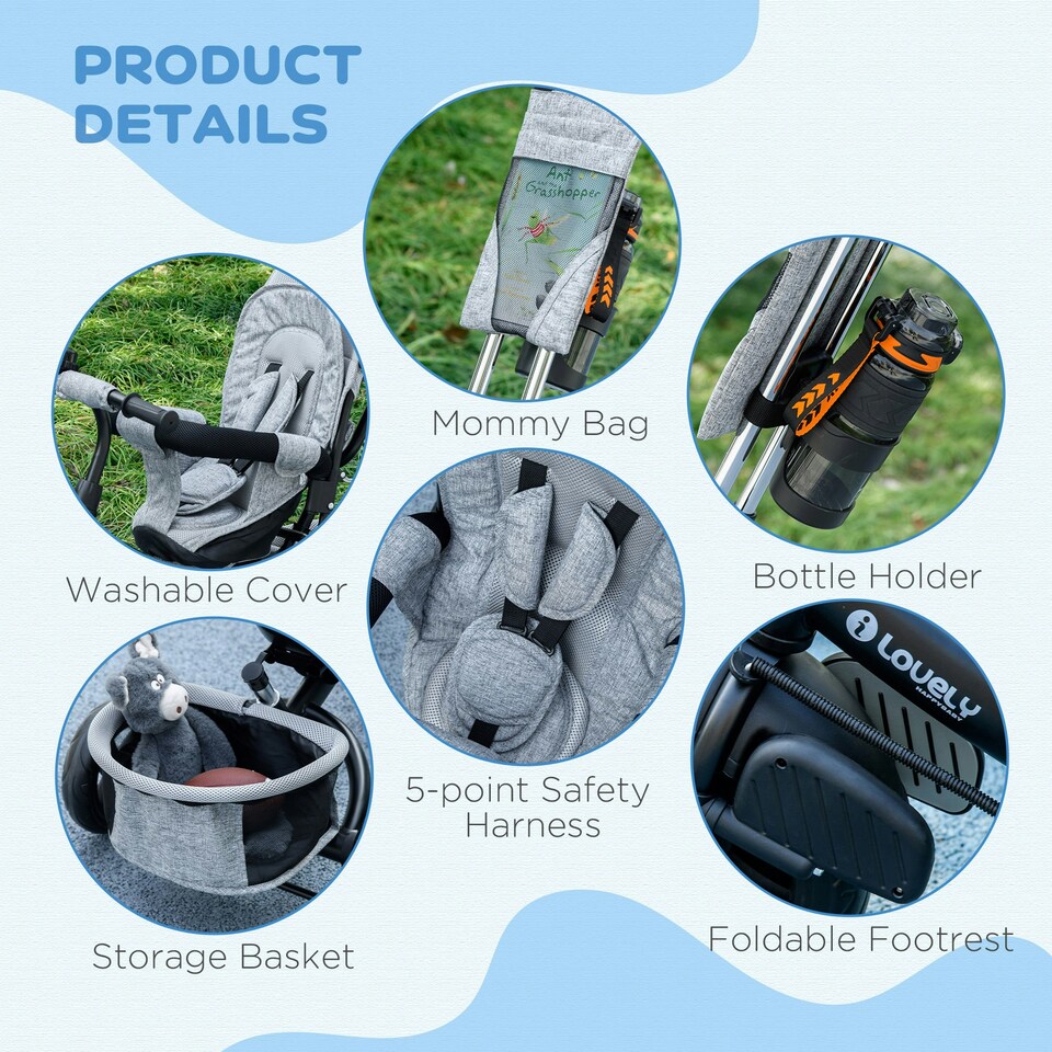 image 1 of HOMCOM 6 in 1 Kids Trike, Stroller with Parent Handle, Grey