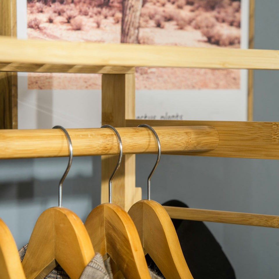 image 1 of HOMCOM Bamboo Coat Rack w/ Hooks Hanging Rail and Storage Shelf for Entryway
