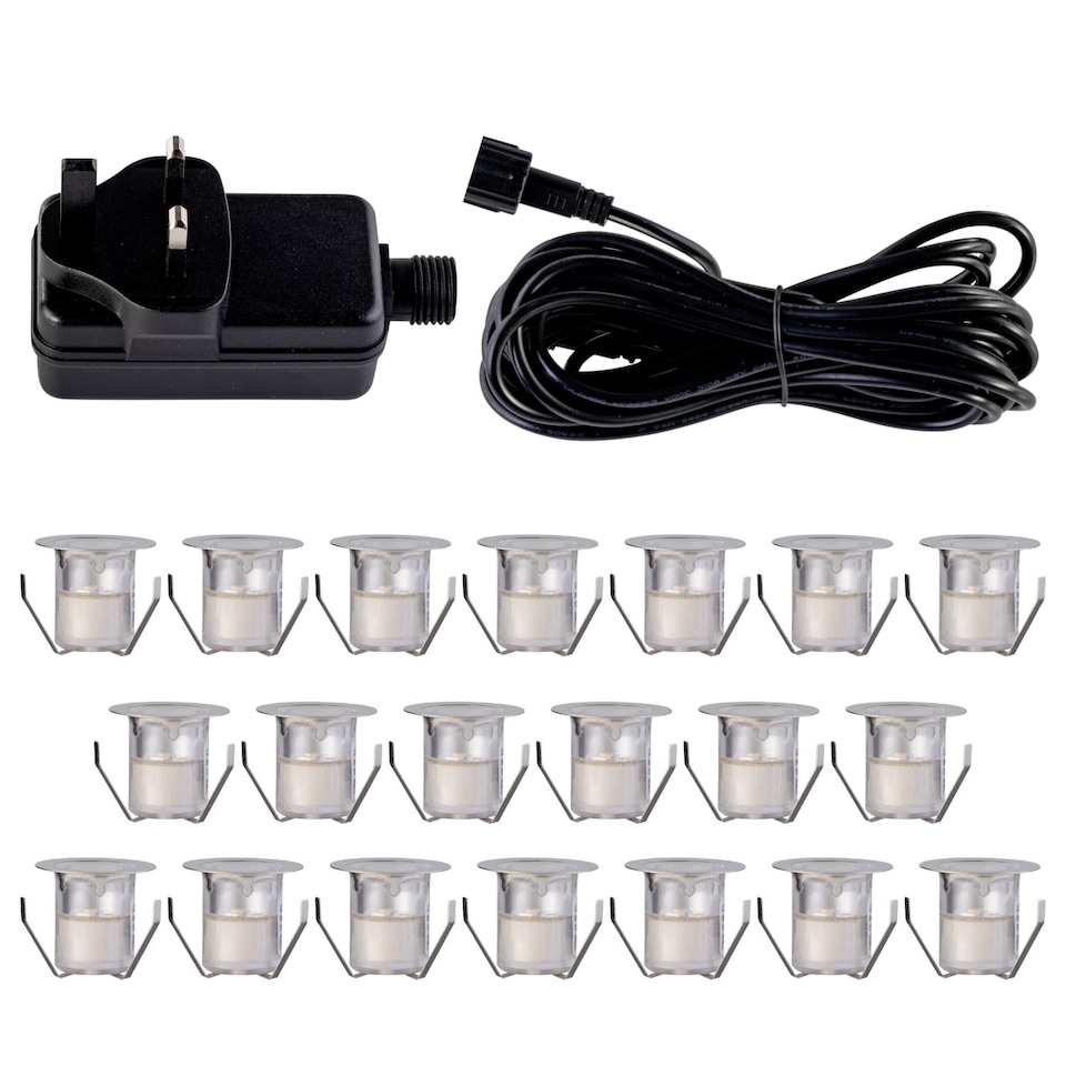 image 1 of Set of 20 - 30mm Stainless Steel IP67 Warm White LED Decking Kit | Chrome | Clear | 20