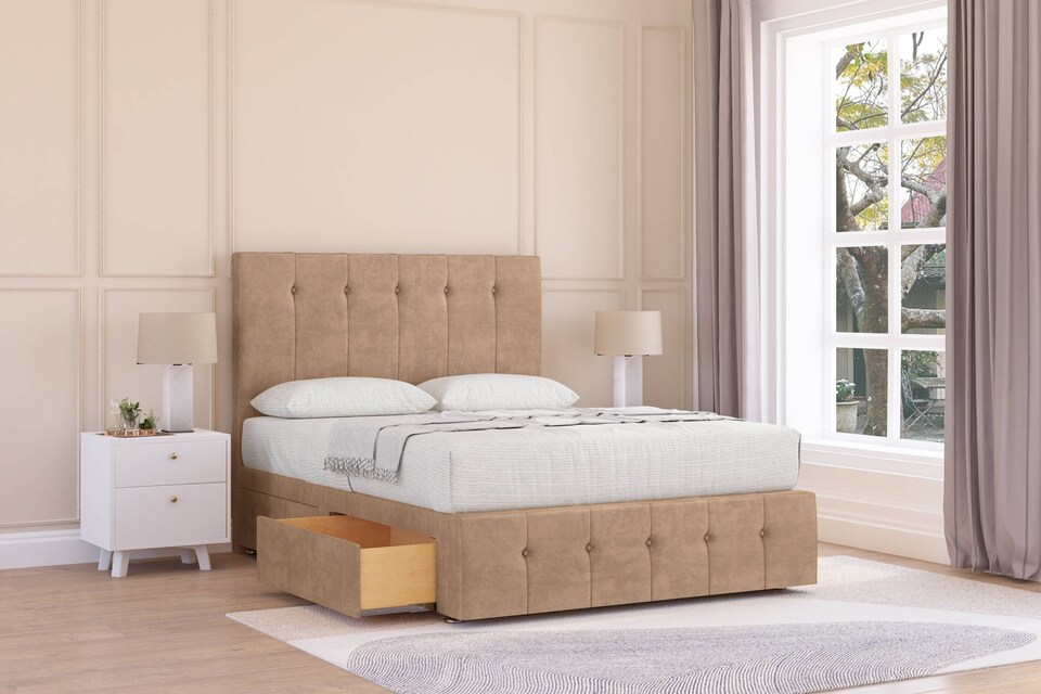 image 1 of Sloomy Cambridge Sand Naples Divan Bed Base 4 Drawers With 26 Inch Strutted Headboard & 12 Inch Matching Footboard | Cream | Sand | King | 1