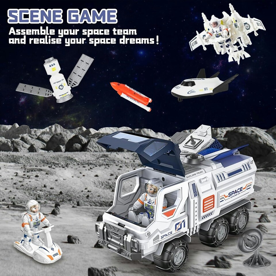 image 1 of Creative Space Adventure Toys for Kids Space Shuttle Rocket Set with Astronauts Rover Satellite and Solar System Mat