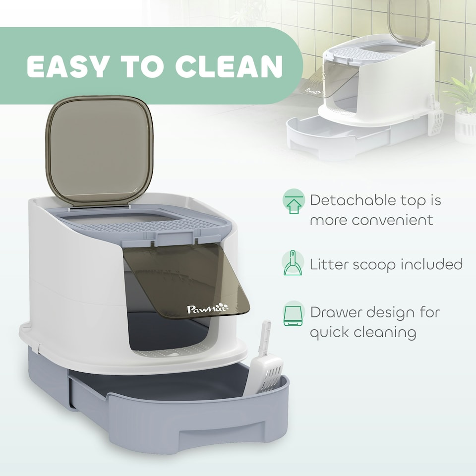 image 1 of PawHut Cat Litter Box, Hooded Cat Litter Tray with Lid, Scoop Grey | One Size