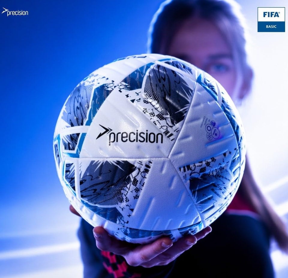image 1 of Precision Fusion Plus Fifa Basic Training Football, 12 Panel Textured Tpu Match Ball, Pu Sealed Seams, Grass 3G Astro, White/Silver/Cyan/Black, 5