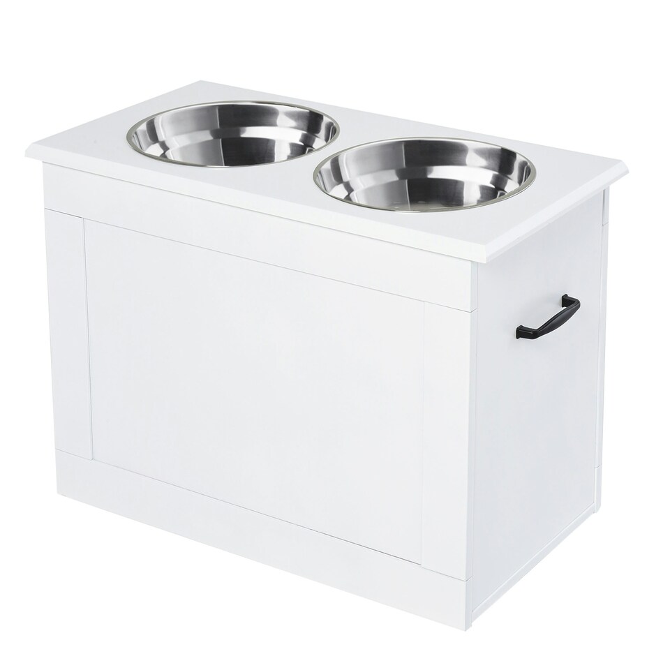 image 1 of PawHut Raised Pet Bowls w/ Storage, Two Stainless Bowls, Elevated Base - White