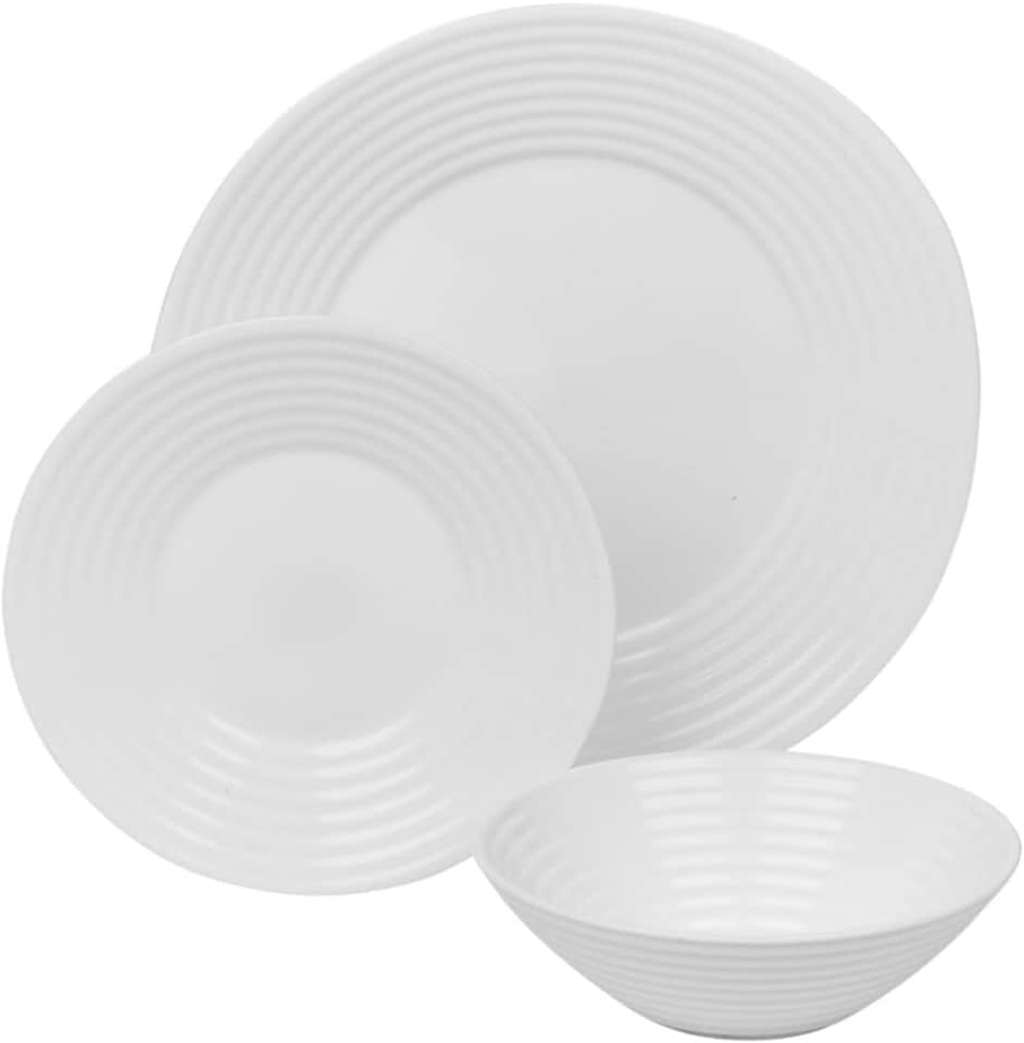 image 1 of White Opal Glass Dinner Set Plates Soup Bowls Dinnerware | White | Vienna Ribbed - 12 Pcs | 12