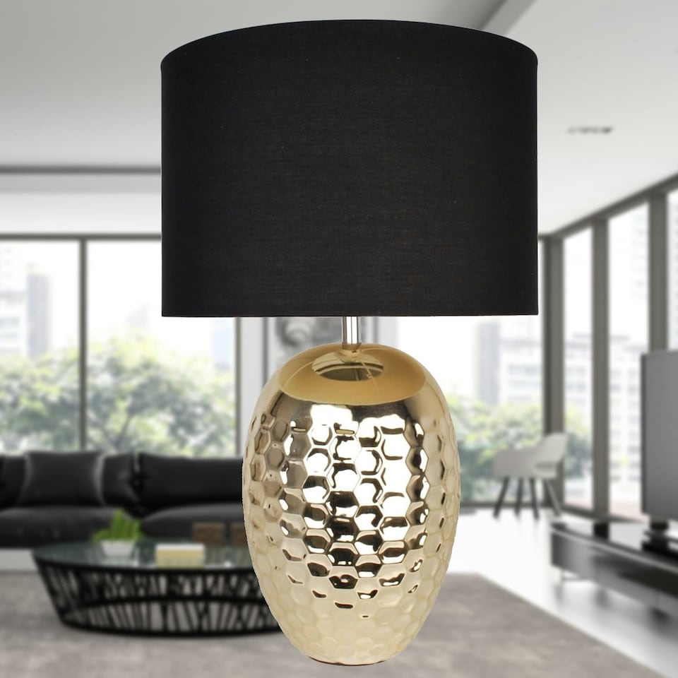 image 1 of First Choice Lighting Set of 2 Textured Ceramic Bedside Table Pale Gold Plated Finish and Black Textured Cotton Fabric Shade Gold | Black