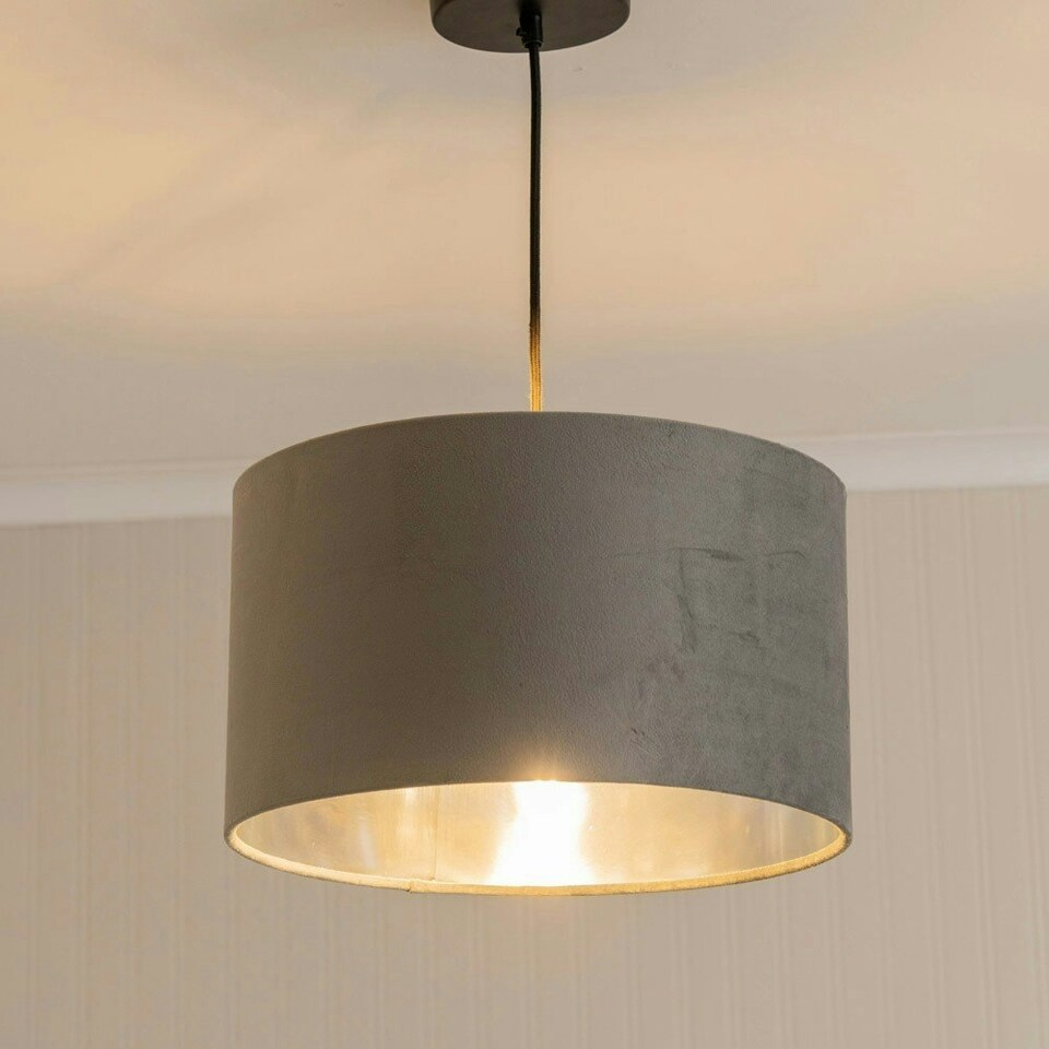 image 1 of ValueLights Reni Medium Grey Velvet Chrome Inner Lamp Shade Grey