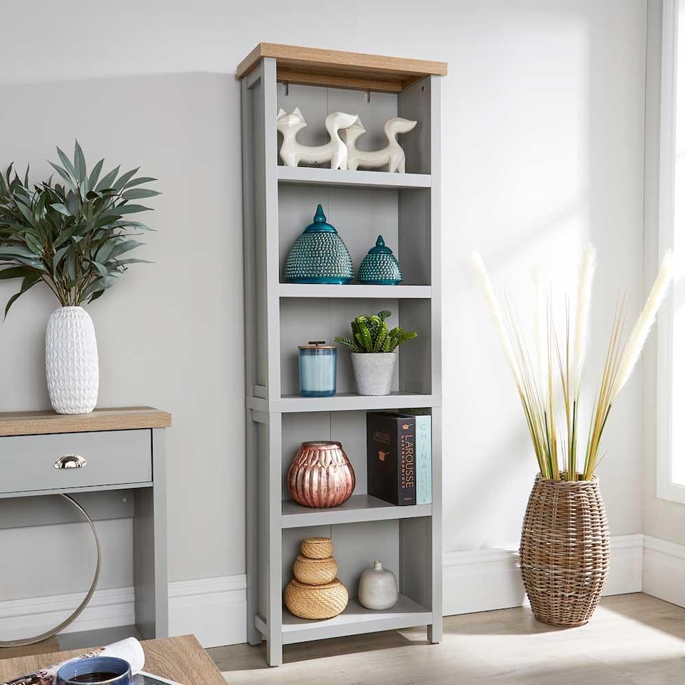 image 1 of Grey Oak Tall Bookcase Display Unit 5 Bookshelves DVD Storage Two Tone
