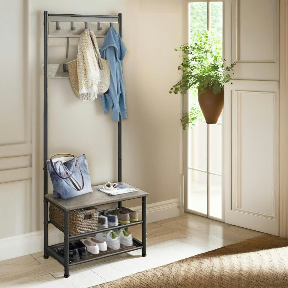 image 1 of Hall Tree Coat Stand With Shoe Storage and Hooks Brown One Size