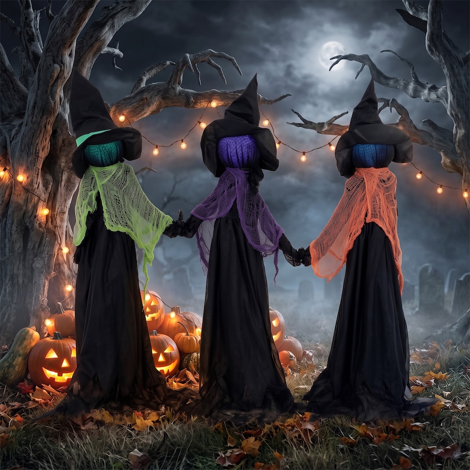 image 1 of HOMCOM 48" Witches Holding Hands Halloween Decoration Light Up Animated Prop
