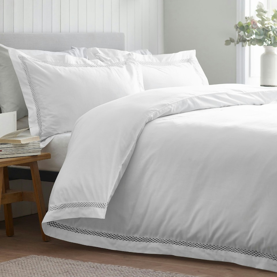 image 1 of Catherine Lansfield Classic Lattice Lace Duvet Cover Set White | White | King