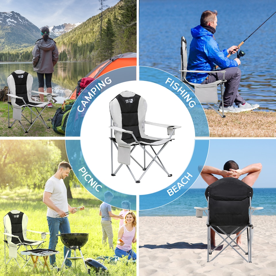 image 1 of Get Fit Premium Folding Camping Chair - Thick Padded With Magazine Pocket, Cup Holder & Carry Bag - Lightweight 3Kg - Capacity 130Kg - Single | Grey | 1