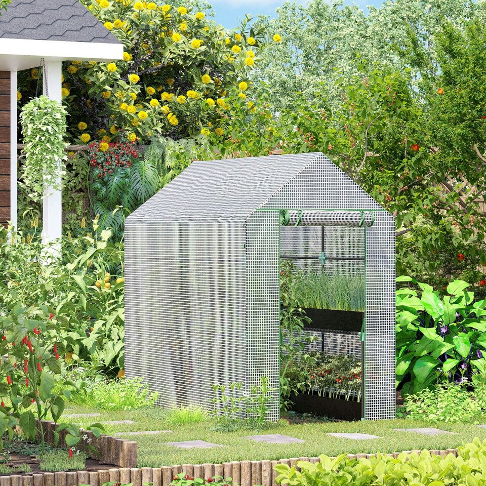image 1 of Outsunny Walk in Greenhouse w/Shelves Steeple Grow House White