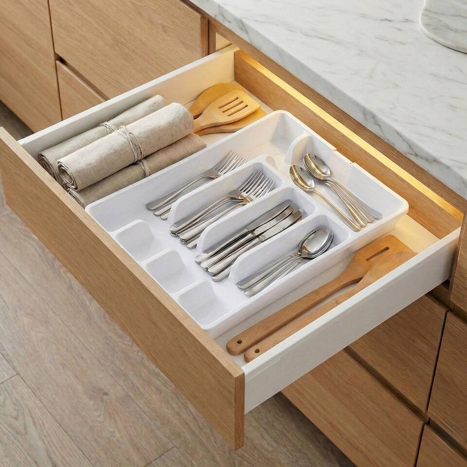 image 1 of 7-Section Extendable Plastic Cutlery Tray Organiser | White | 1