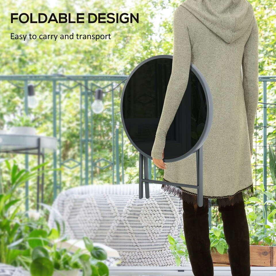 image 1 of Outsunny Round Folding Side Table w/ Imitation Marble Glass Top, Black